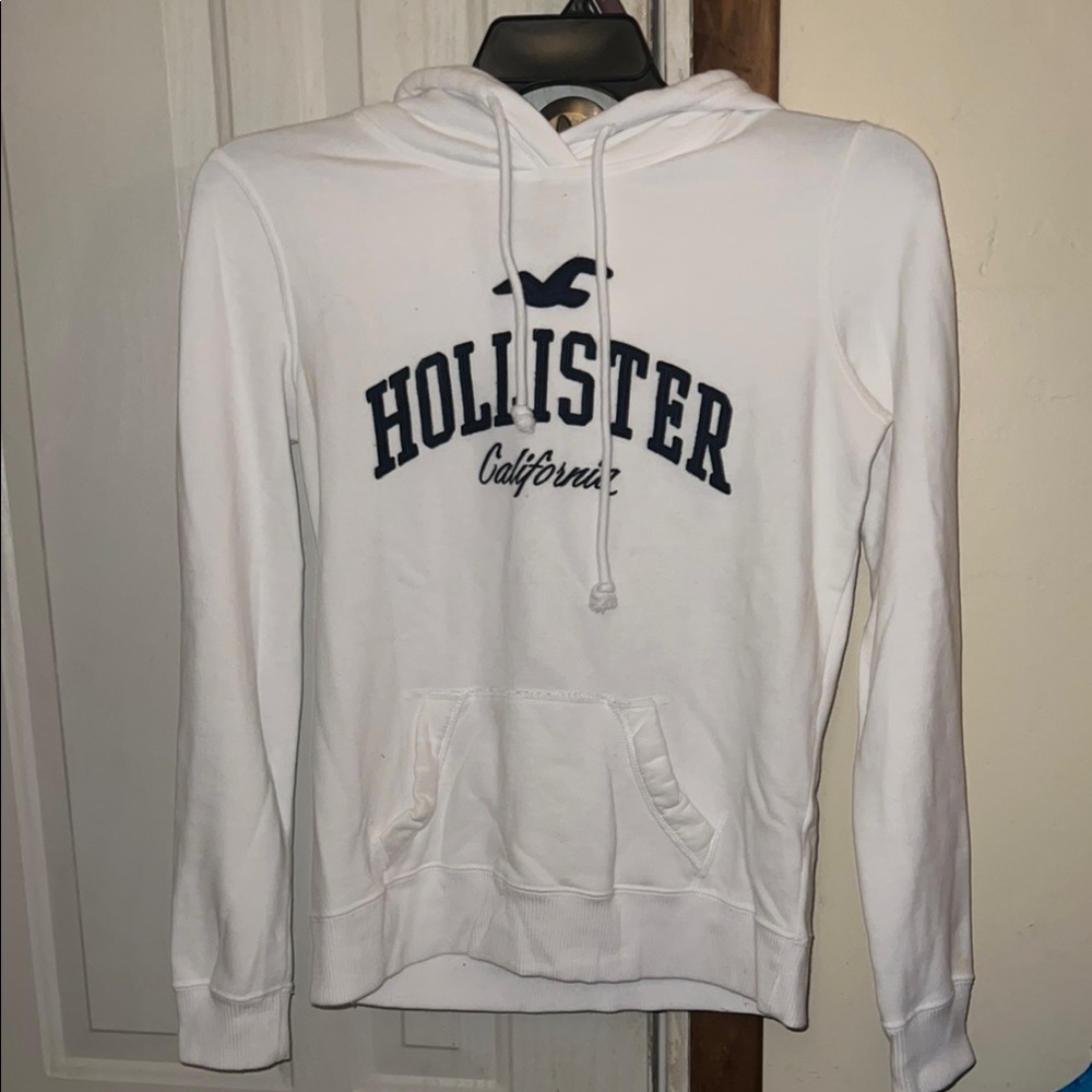 Hollister White Hoodie with Navy Logo- Size XS
